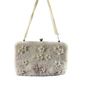 Vintage Joseph Magnin Beaded Handbag Ivory Floral Clutch Purse Kiss Lock 50s